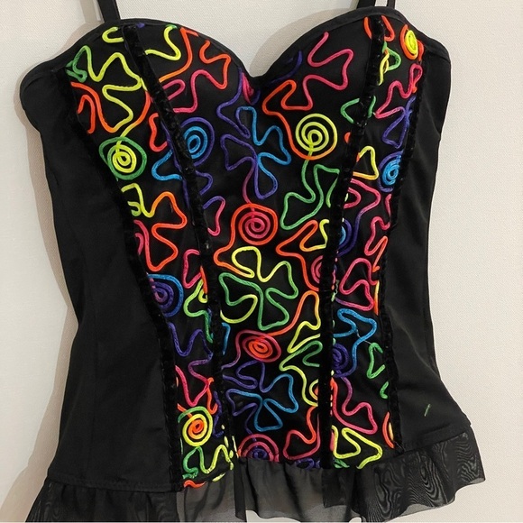 Spencers Corset Bustier Top Neon Swirls Mesh Ruffle Small - Picture 2 of 13